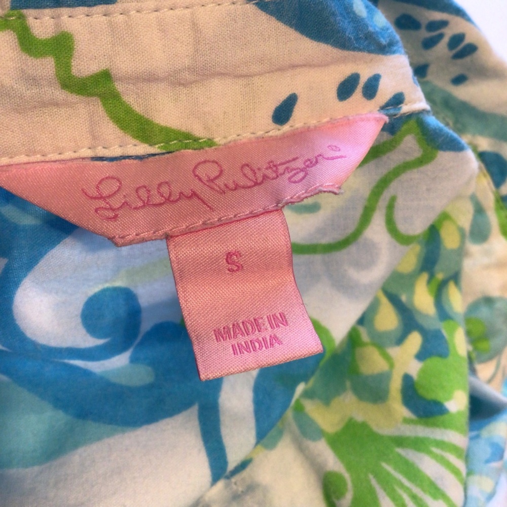 Lilly Pulitzer Small Tunic Top Blue Green Coastal Shell Swirl Cotton Resort - Picture 10 of 10